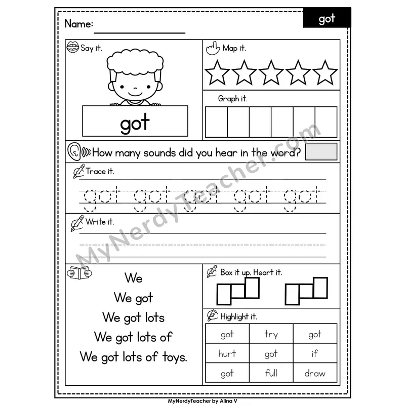Sight Word Worksheet — got | Heart Word Practice with Mapping & Tracing