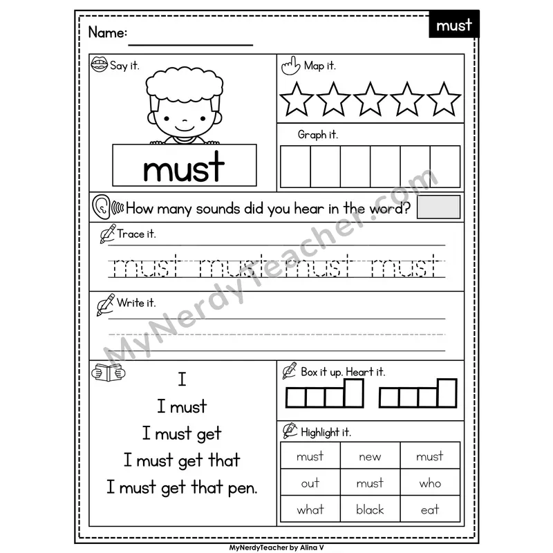Sight Word Worksheet — must | Heart Word Practice with Mapping & Tracing