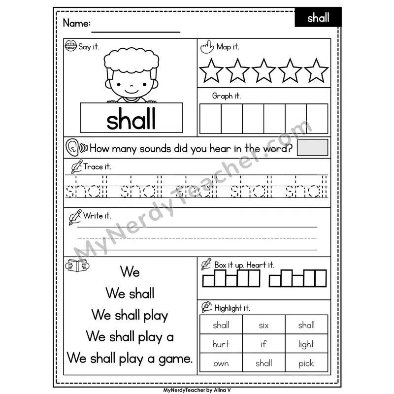 Sight Word Worksheet — shall | Heart Word Practice with Mapping & Tracing