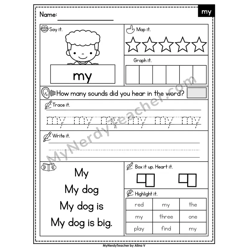 Sight Word Worksheet — my | Heart Word Practice with Mapping & Tracing