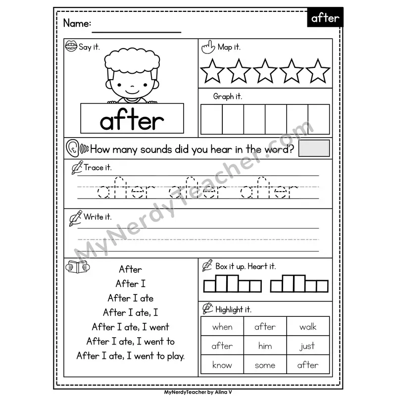 Sight Word Worksheet — after | Heart Word Practice with Mapping & Tracing