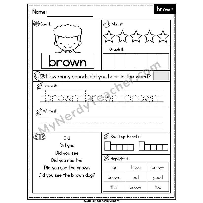 Sight Word Worksheet — brown | Heart Word Practice with Mapping & Tracing