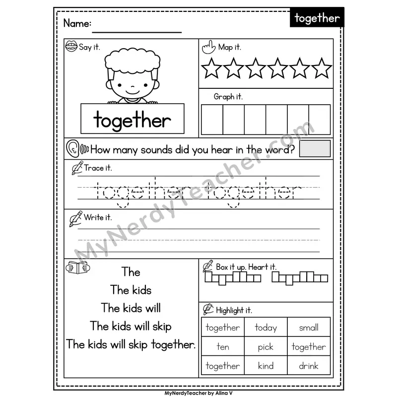 Sight Word Worksheet — together | Heart Word Practice with Mapping & Tracing