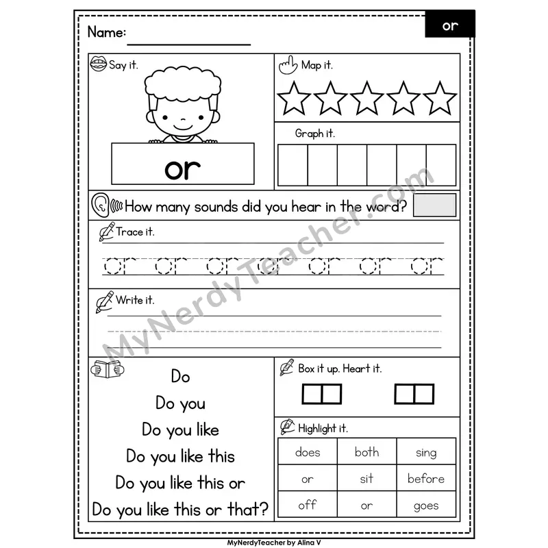 Sight Word Worksheet — or | Heart Word Practice with Mapping & Tracing