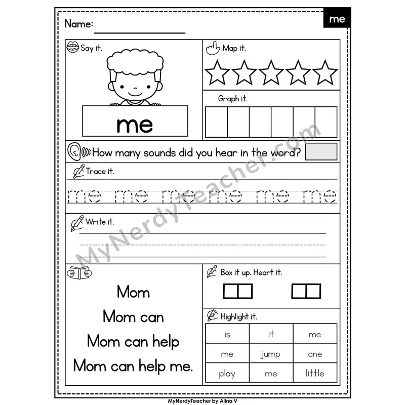 Sight Word Worksheet — me | Heart Word Practice with Mapping & Tracing