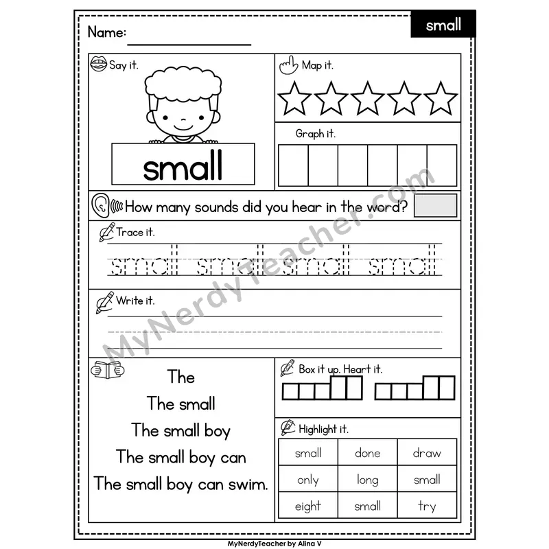 Sight Word Worksheet — small | Heart Word Practice with Mapping & Tracing