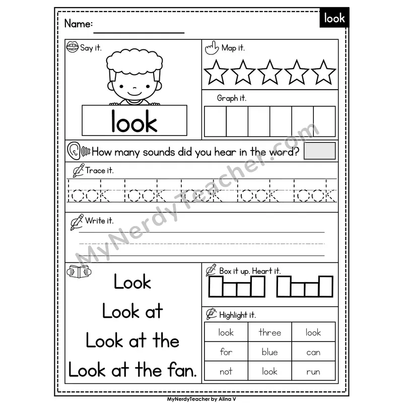 Sight Word Worksheet — look | Heart Word Practice with Mapping & Tracing