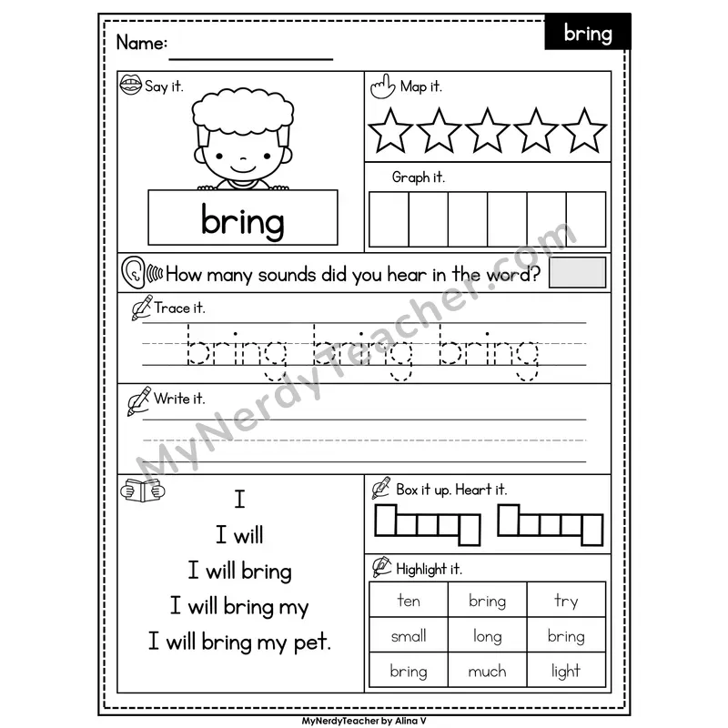Sight Word Worksheet — bring | Heart Word Practice with Mapping & Tracing