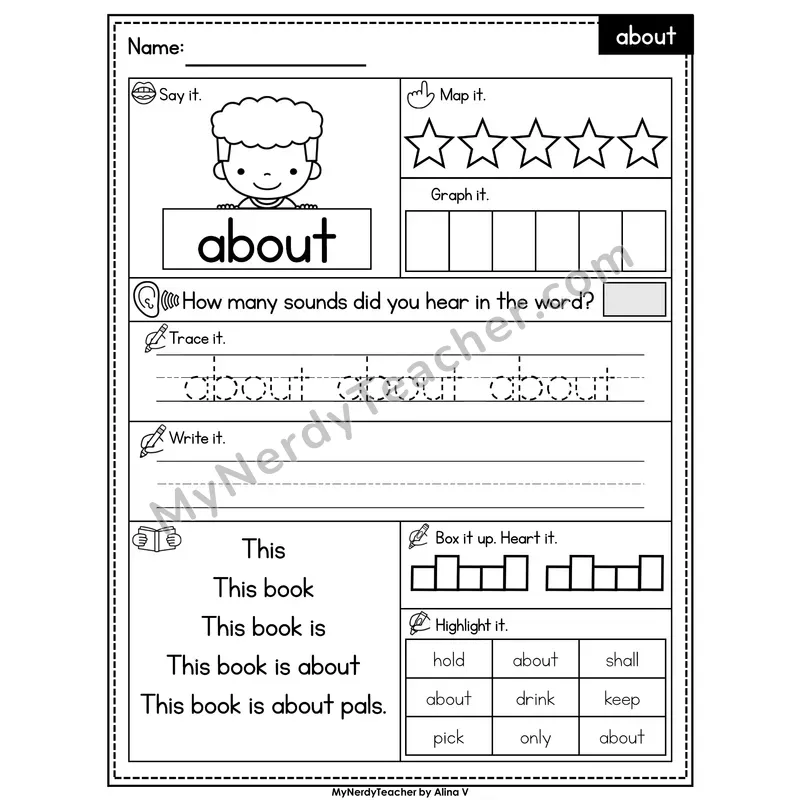 Sight Word Worksheet — about | Heart Word Practice with Mapping & Tracing