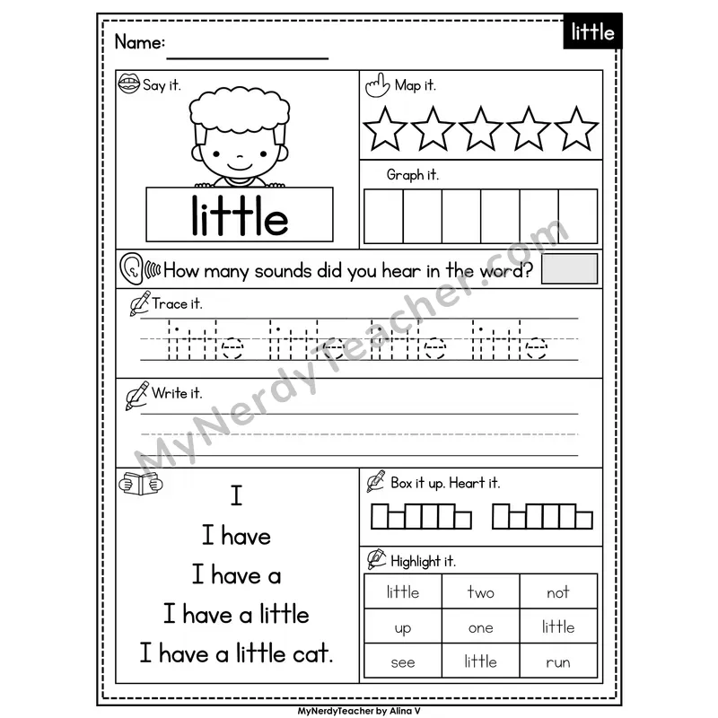 Sight Word Worksheet — little | Heart Word Practice with Mapping & Tracing