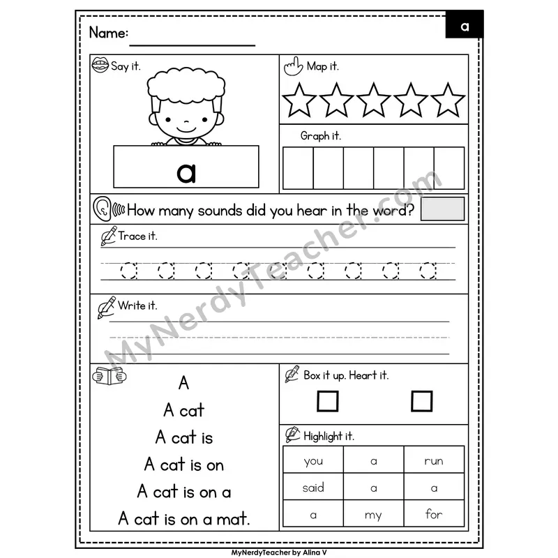 Sight Word Worksheet — a | Heart Word Practice with Mapping & Tracing