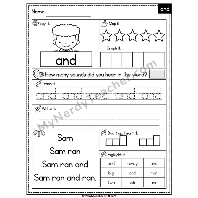 Sight Word Worksheet — and | Heart Word Practice with Mapping & Tracing