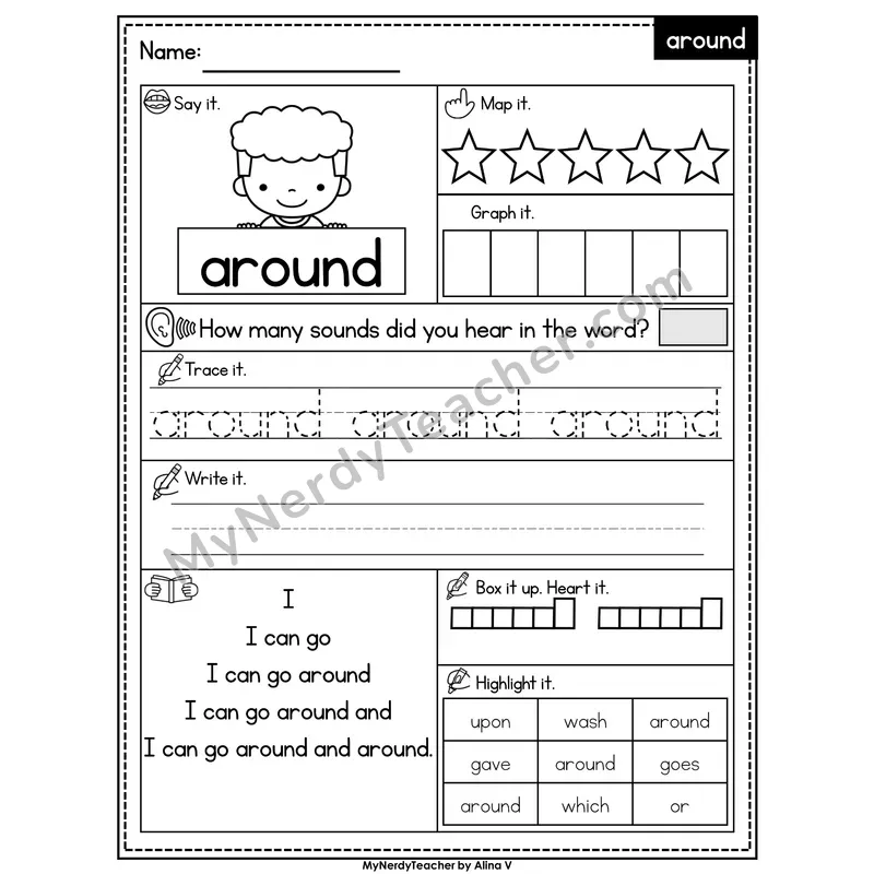Sight Word Worksheet — around | Heart Word Practice with Mapping & Tracing