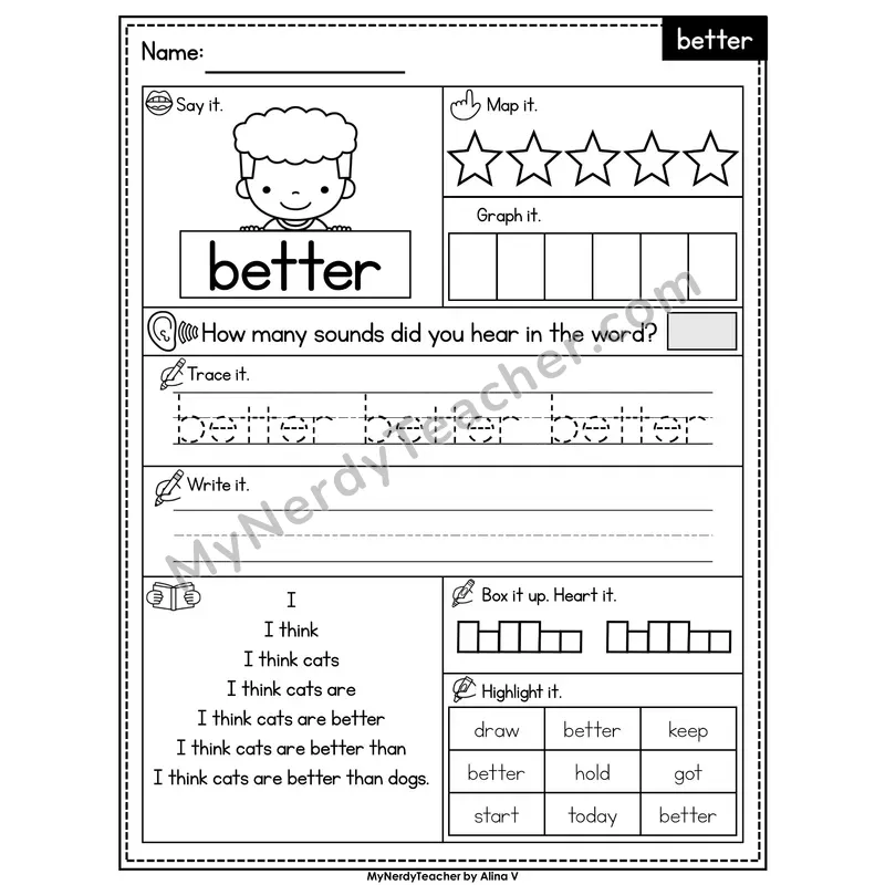 Sight Word Worksheet — better | Heart Word Practice with Mapping & Tracing
