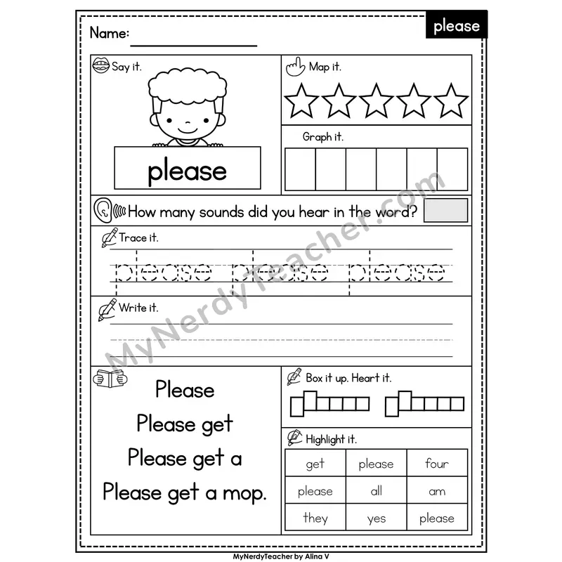 Sight Word Worksheet — please | Heart Word Practice with Mapping & Tracing