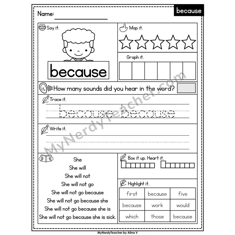 Sight Word Worksheet — because | Heart Word Practice with Mapping & Tracing