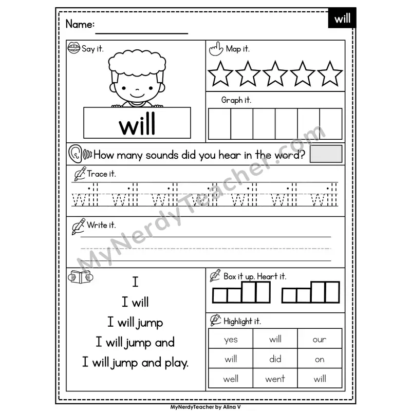 Sight Word Worksheet — will | Heart Word Practice with Mapping & Tracing