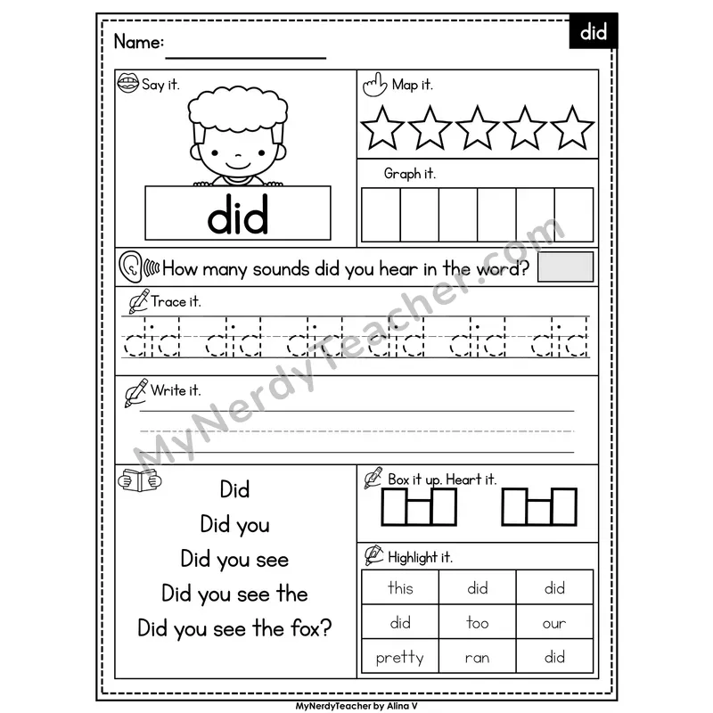 Sight Word Worksheet — did | Heart Word Practice with Mapping & Tracing