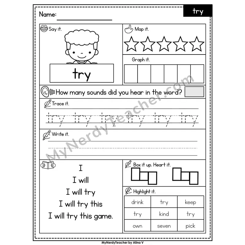 Sight Word Worksheet — try | Heart Word Practice with Mapping & Tracing