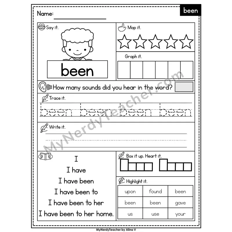 Sight Word Worksheet — been | Heart Word Practice with Mapping & Tracing