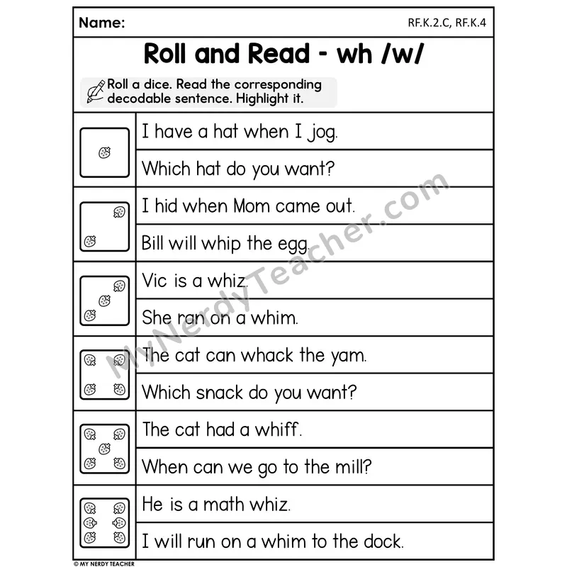 Roll and Read Worksheet — WH Digraph