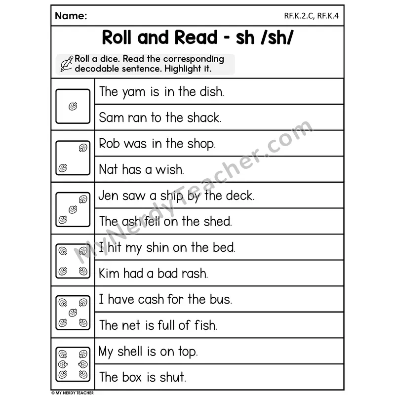 Roll and Read Worksheet — SH Digraph