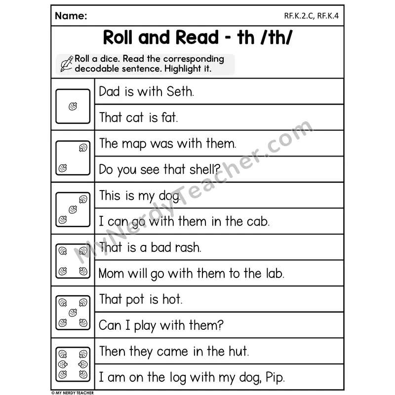 Roll and Read Worksheet — TH Digraph