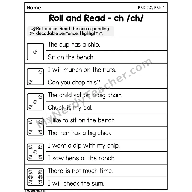 Roll and Read Worksheet — CH Digraph