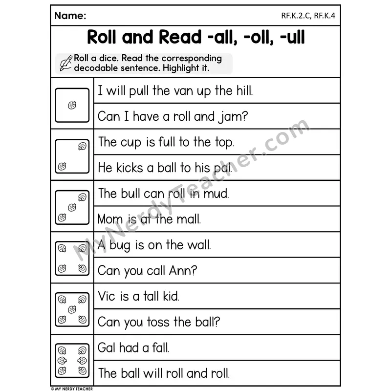 Roll and Read Worksheet — ALL, OLL, ULL Word Families
