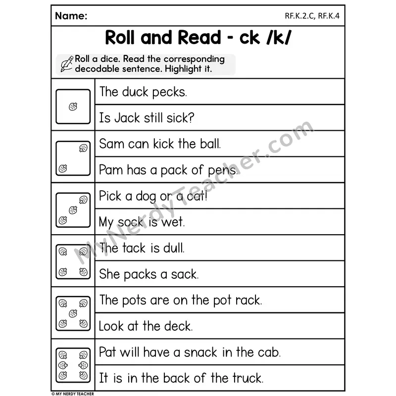Roll and Read Worksheet — CK Ending