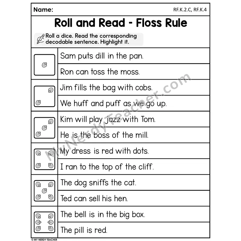 Roll and Read Worksheet — Floss Rule