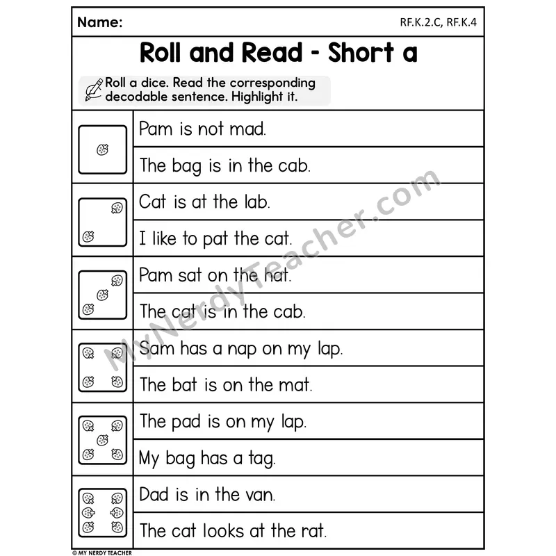 Roll and Read Worksheet — Short A