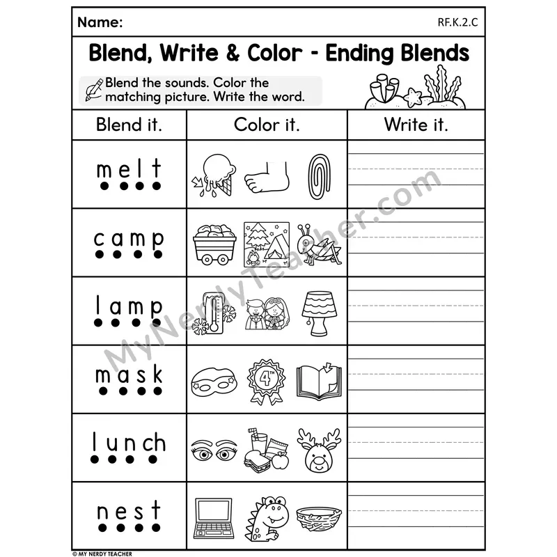 Blend, Write & Color Worksheet — Ending Blends