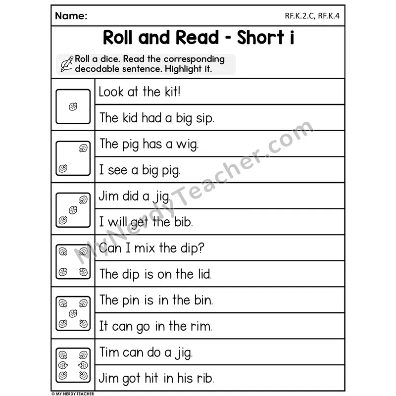 Roll and Read Worksheet — Short I