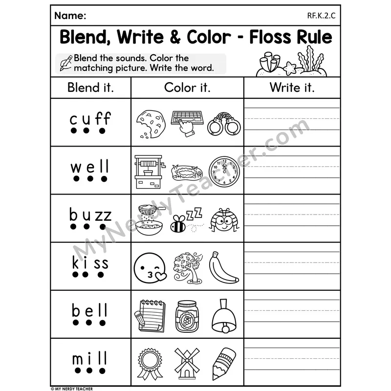 Blend, Write & Color Worksheet — Floss Rule