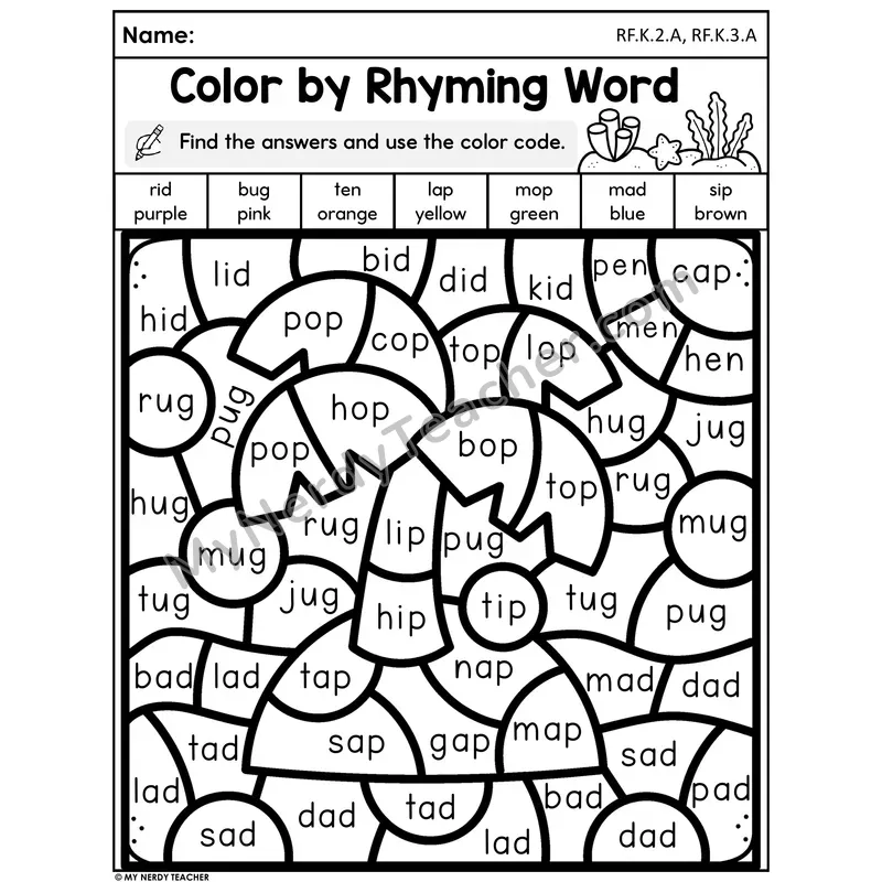 Color by Rhyming Word Worksheet — Ocean Theme
