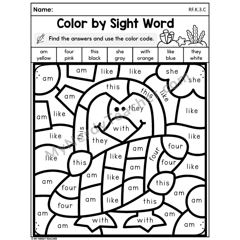 Color by Sight Word - Summer Turtle