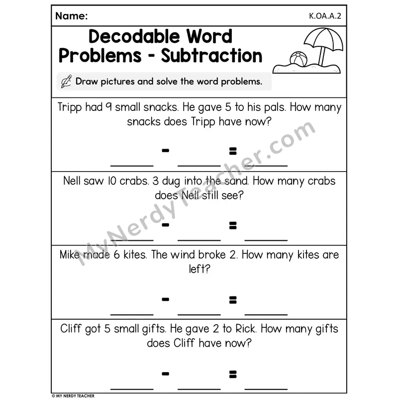 Decodable Word Problems - Subtraction Summer