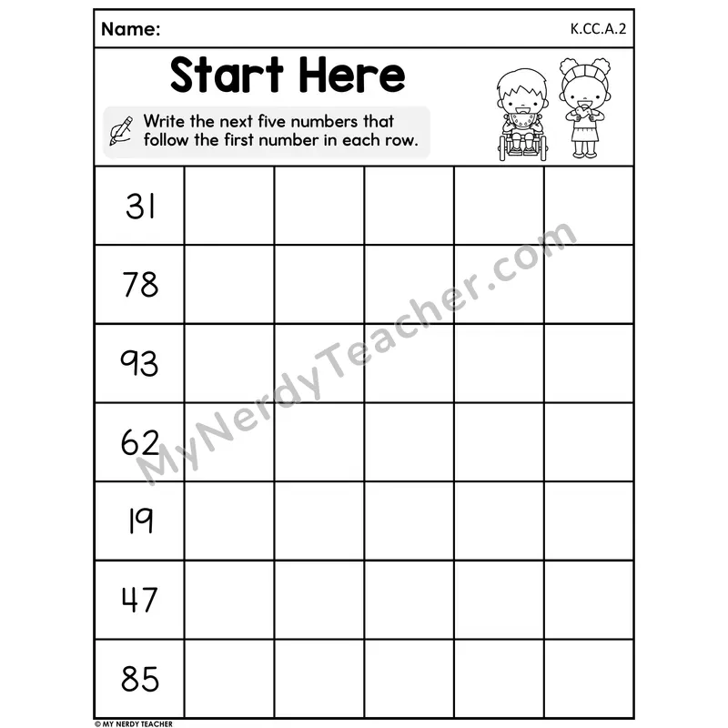 Summer Counting On Worksheet — Start Here, Count from a Number