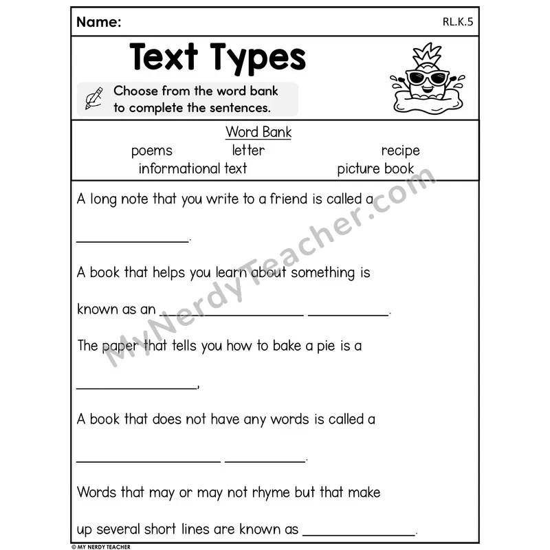 Summer Text Types Worksheet — Pineapple
