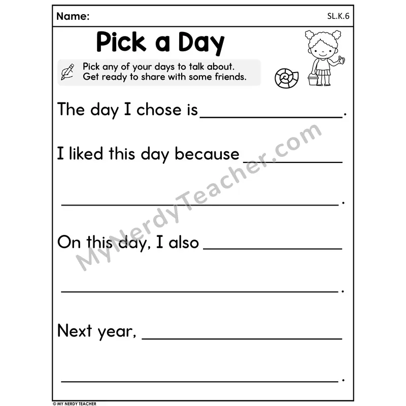 Summer Speaking and Writing Worksheet — Pick a Day