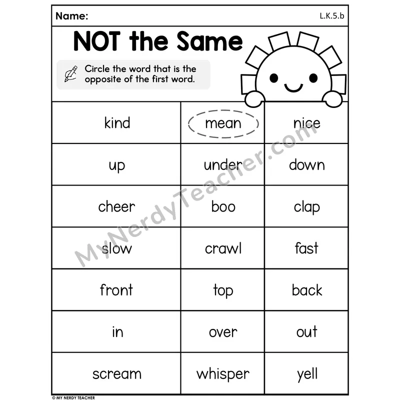 Antonyms Worksheet — NOT the Same, Circle the Opposite