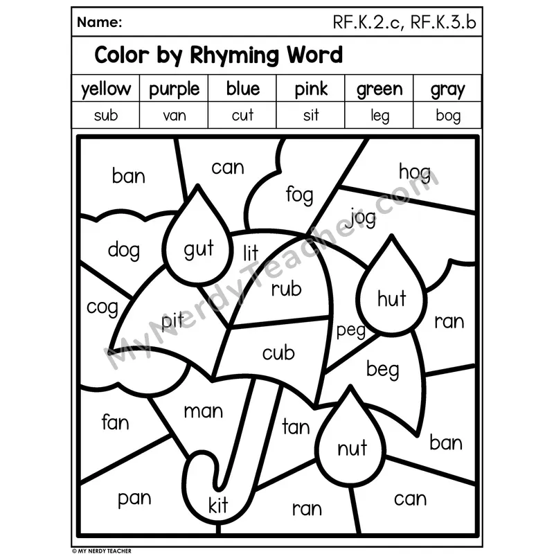 Color by Rhyming Word - Spring Umbrella