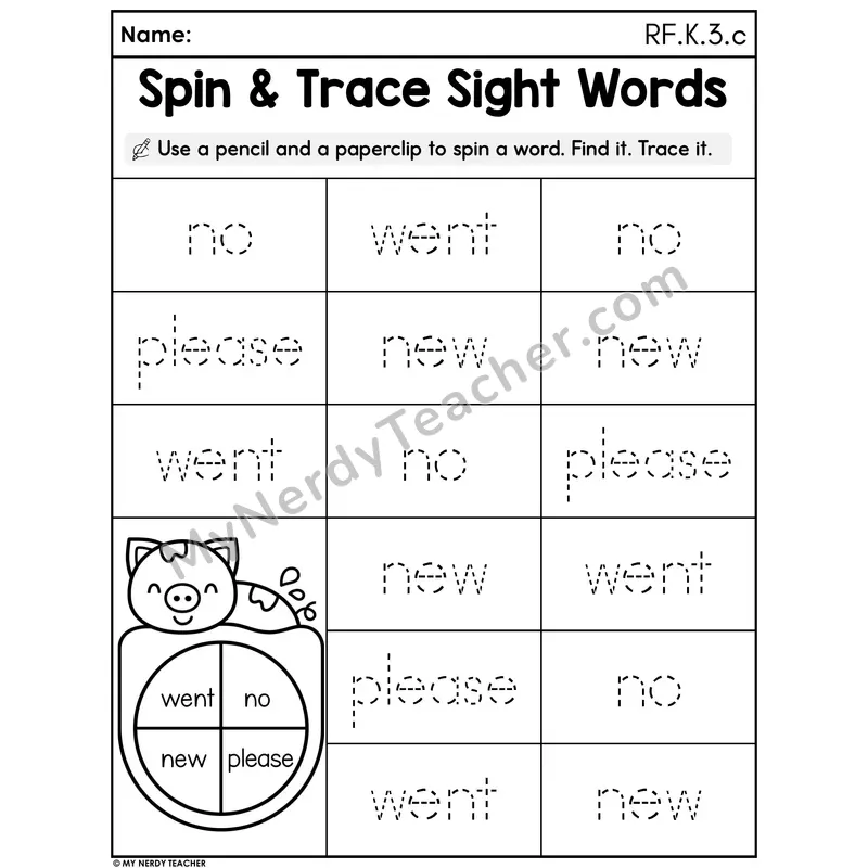 Spin & Trace Sight Words - Spring Pig 3