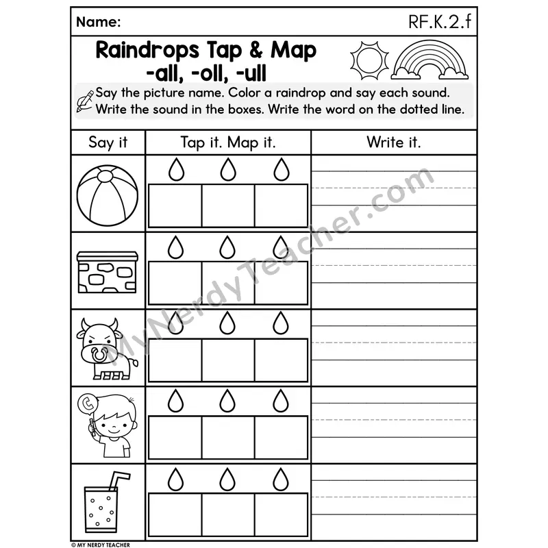 Raindrops Tap & Map - -all, -oll, -ull Words