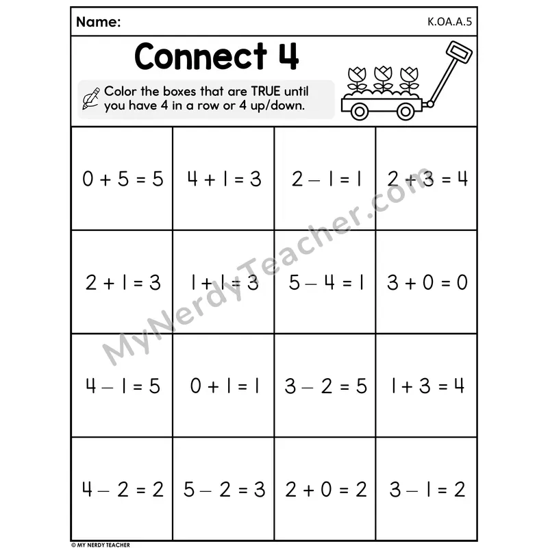 Spring Addition and Subtraction Within 5 Worksheet — Connect 4