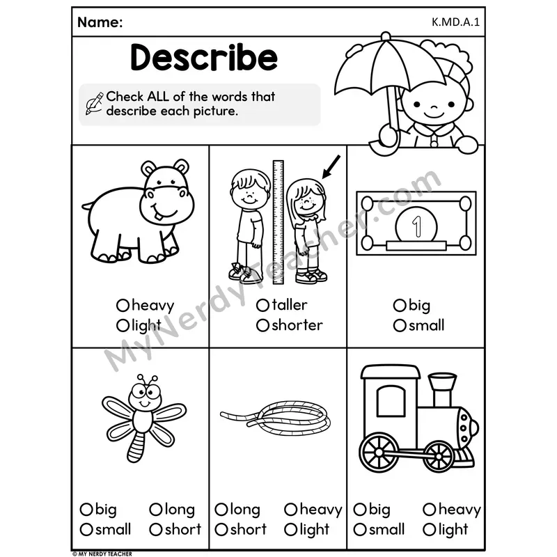 Spring Measurable Attributes Worksheet — Describe It