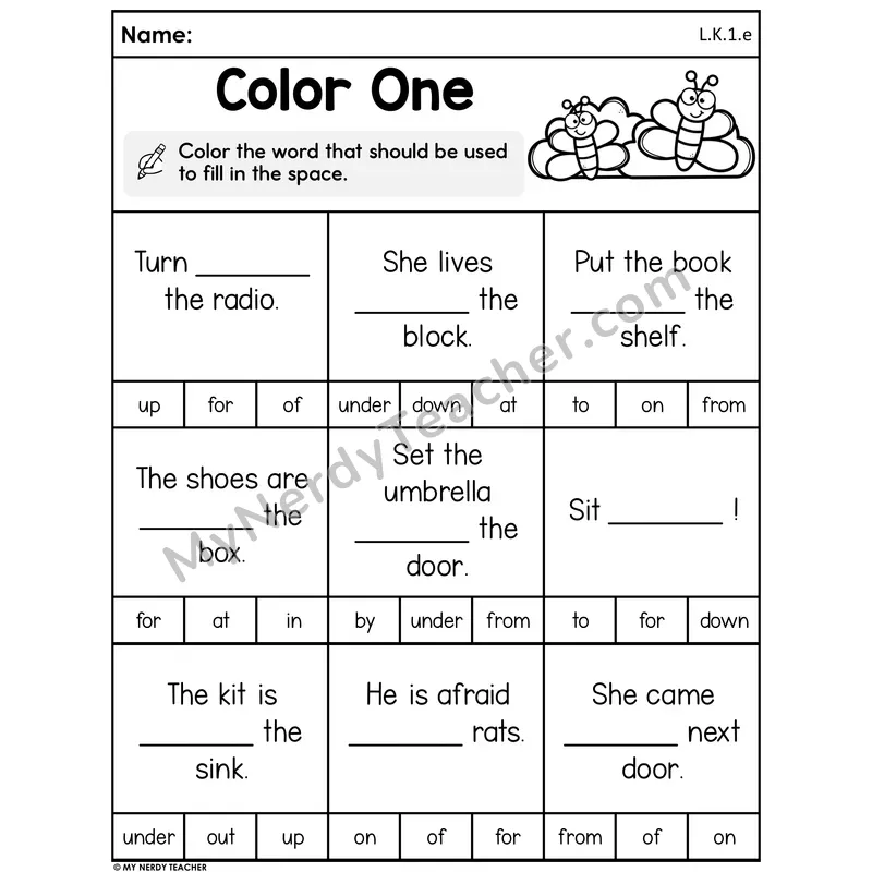 Spring Prepositions Worksheet — Color One