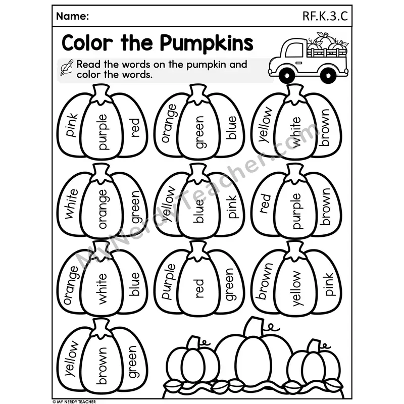 Fall Color the Pumpkins Sight Word Worksheet — Color Words