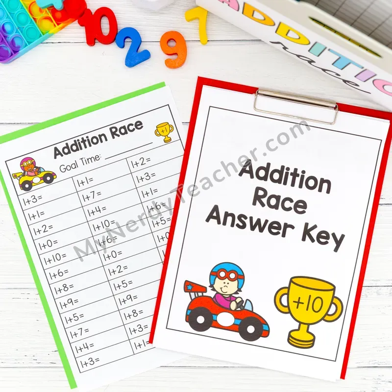 Addition to 10 Kit - Addition Race Fluency Worksheet & Answer Key